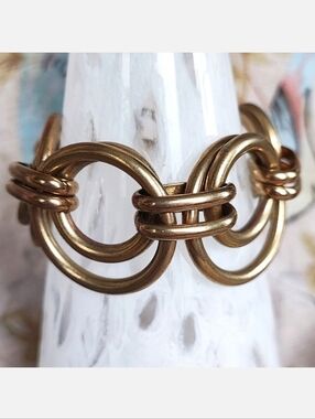 J. Crew Double Round Link Chain Oxidized Brass Tone Bracelet Lifesaver Clasp EUC